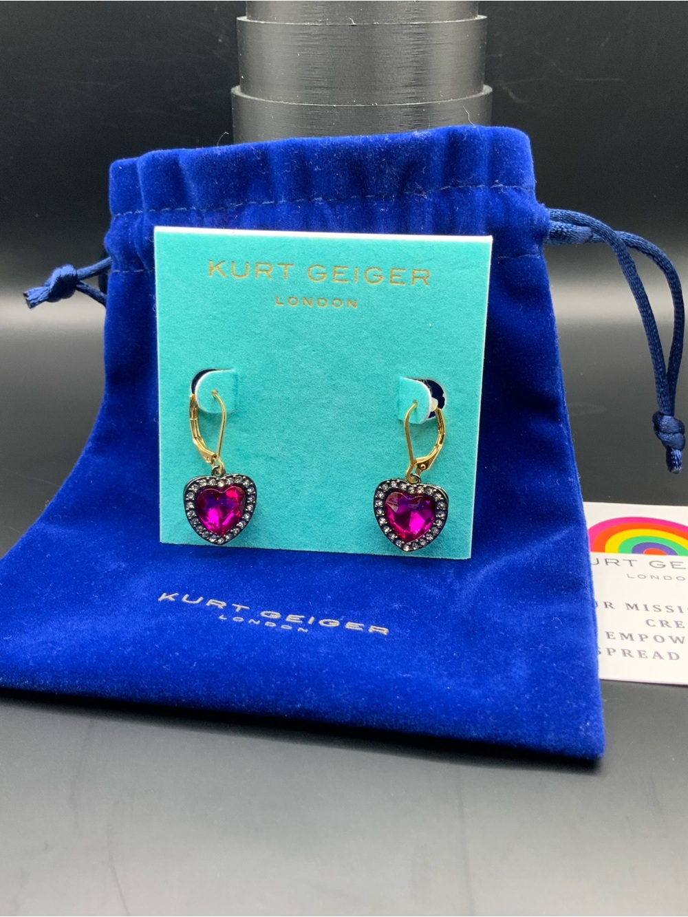 Kurt Geiger Pink Heart Crystal Drop Earrings with Gold Hooks